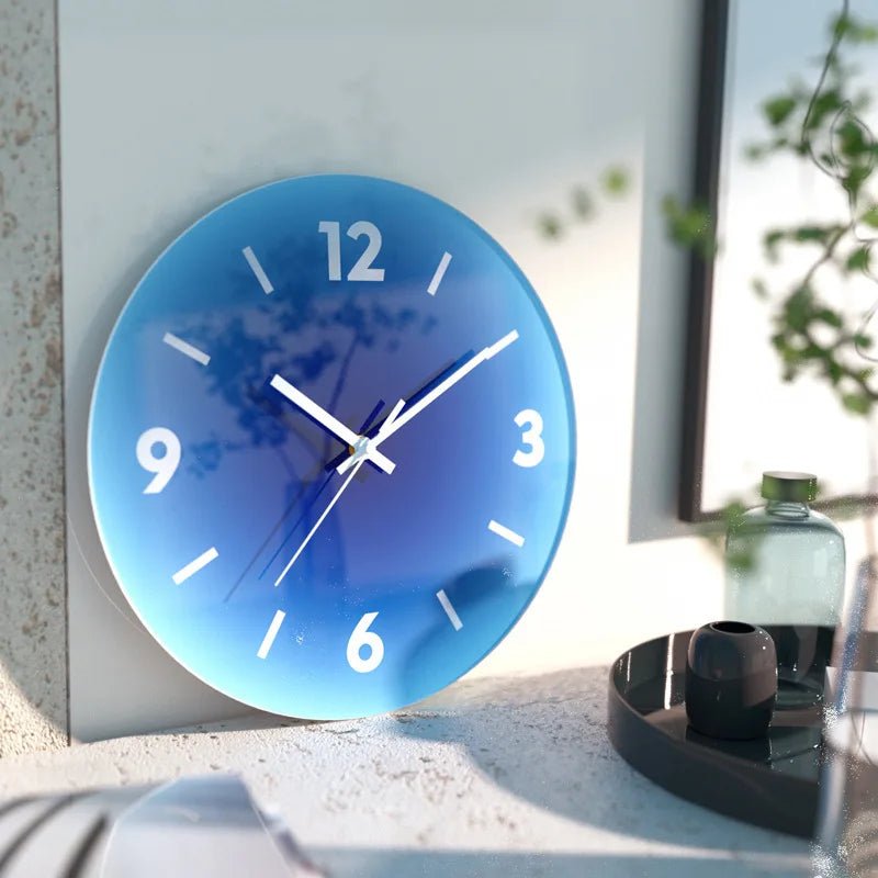 Horloge murale Sunset – Dégradé orange ou bleu en verre - Lignes Du Temps®14:10blue - A