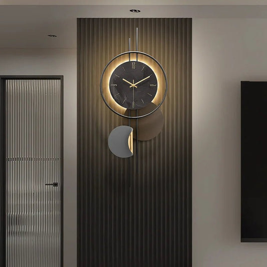 Horloge murale Orion – Design abstrait moderne en bois & métal - Lignes Du Temps®14:29S with lamp